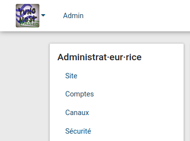 Capture d'écran du menu latéral de la section d'administration du site. En haut du menu apparaît un sublime titre en écriture inclusive: «Administrat·eur·rice»