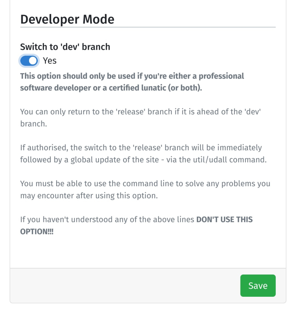 Screenshot of the Developer Mode section of the Streams package config panel in YunoHost. There's only one button to switch to dev branch, and a bunch of details.warnings below