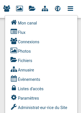 Capture d'écran du menu déroulant de la barre de navigation sur laquelle on peut lire en magnifique exemple d'écriture inclusive avec l'item «Administrat·eur·rice du Site»