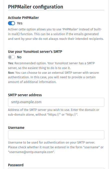 A third screenshot with «Use your YunoHost server's SMTP» set to «No» and a few extra options that appeared below: «SMTP server address», «Username» and «Password» (some others are not visible in the screenshot).